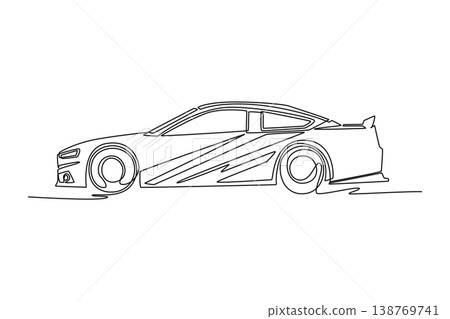 Continuous one line drawing professional stock racing car from side view, featuring bold aerodynamic and rear spoiler for motor sport art projects. Single line draw design vector graphic illustration 138769741