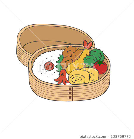 便當盒簡圖。食材：炸雞、炸蝦、煎蛋。午餐盒。 138769773