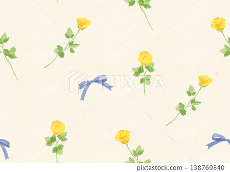 Seamless pattern of yellow roses and ribbons, watercolor style, with recycled paper-style background. Seamless pattern of yellow roses and ribbons, watercolor style, with recycled paper-style background. 138769840