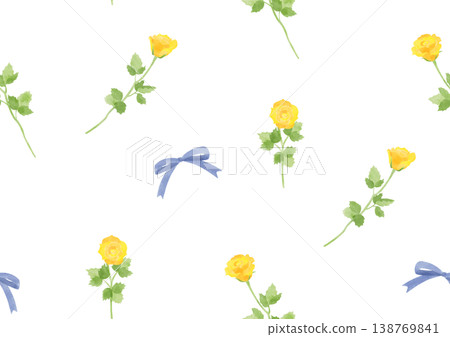 Seamless pattern of yellow roses and ribbons, watercolor style. 138769841