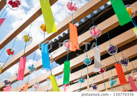 Colorful wind chimes swaying in the breeze – a summer image. Colorful wind chimes swaying in the breeze – a summer image. 138770356