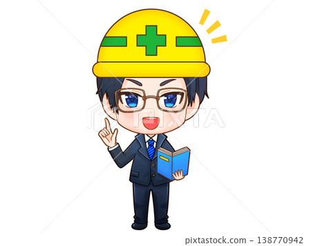 Chibi character illustration material 4 of a male construction company employee wearing a helmet 138770942