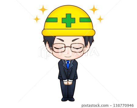 A chibi-style illustration of a male construction company employee wearing a helmet and bowing. 138770946
