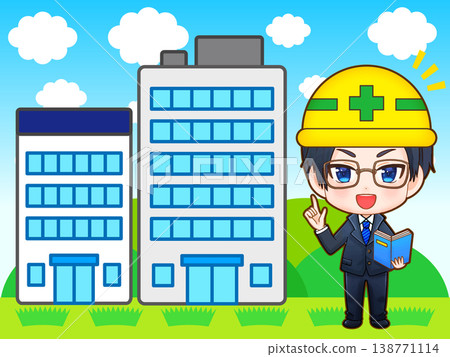 描繪一名建築公司男性員工正在施工的Q版人物插畫。 138771114
