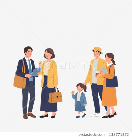 描繪家庭和商務人士生活方式的簡約插畫。 138771272