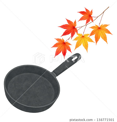 平底鍋和秋葉水彩插畫，秋季烹飪圖片素材 138771501