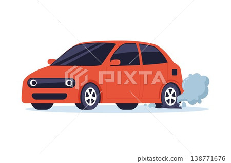 Red Car with Flat Tire and Smoke Illustration 138771676