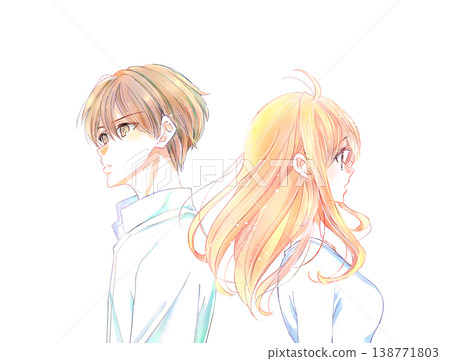 A man and a woman stand back to back, a poignant breeze. A man and a woman stand back to back, a poignant breeze. 138771803