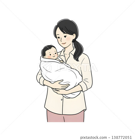 一位母親洗完澡後用毛巾包住他（手繪風格插圖） 138772051