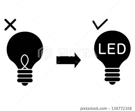 一個單色圖標，可以從白熾燈泡切換到 LED 燈泡。 138772108