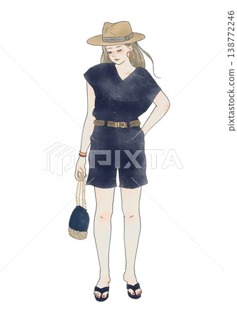 Woman wearing a hat; summer outing style with a hat; illustration material. 138772246