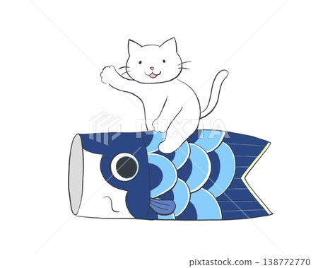 一隻可愛的白貓騎在鯉魚彩帶上 138772770