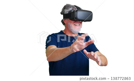 Senior man experiencing virtual reality with transparent background 138772863