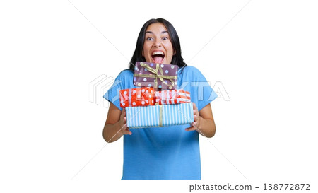 Happy woman holding many colorful gifts feeling excited Happy woman holding many colorful gifts feeling excited 138772872