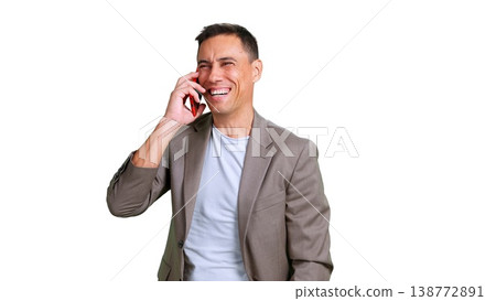 Man laughing and speaking on a mobile phone on transparent background 138772891