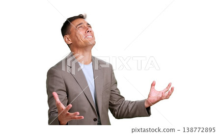 Frustrated man expressing anger and desperation looking up Frustrated man expressing anger and desperation looking up 138772895