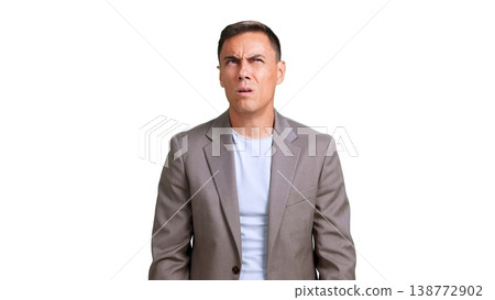 Confused man feeling skeptical looking up transparent background Confused man feeling skeptical looking up transparent background 138772902