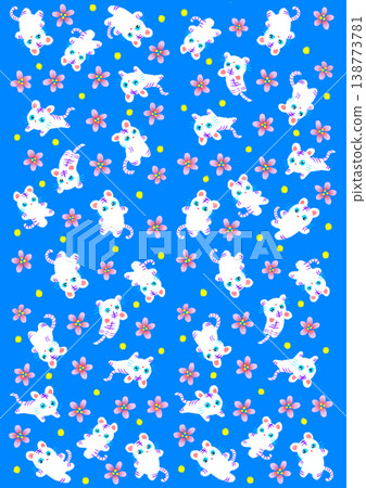 Seamless pattern of a cute white tiger and flowers on a blue background 138773781