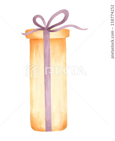 Brown gift box decorated with a purple bow. Watercolor illustration. Hand drawn isolated art. Ideal for New Year's and holiday designs, cards, Christmas and holiday invitations and gifts 138774252