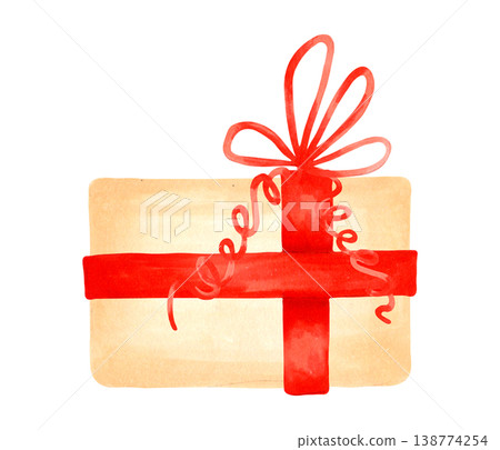 Brown gift box decorated with a red bow. Watercolor illustration. Hand drawn isolated art. Perfect for New Year and holiday designs, cards and invitations for Christmas and winter holidays 138774254