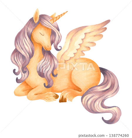 Watercolor illustration of a cute fantasy unicorn. Pastel fairytale creature for children. Hand drawn art. Pony for a nursery. Horse for greeting cards for a baby shower or children birthday party. 138774260