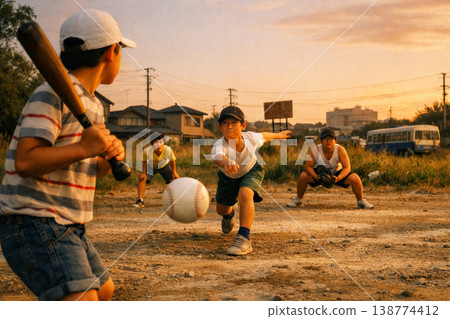 昭和時代的一幕：男孩們在空地上打棒球。 138774412