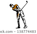 Stencil-style silhouette illustration of a man swinging a golf club. 138774483