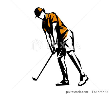 Stencil-style silhouette illustration of a man swinging a golf club. 138774485