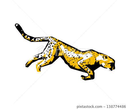 A stencil-style silhouette illustration of a cheetah running at full speed. 138774486