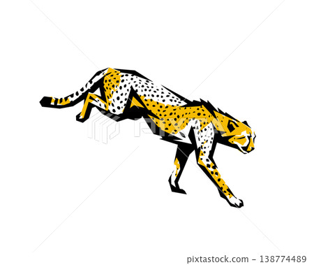 A stencil-style silhouette illustration of a cheetah running at full speed. 138774489