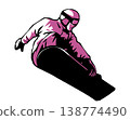 Stencil-style silhouette illustration of a man jumping on a snowboard. 138774490
