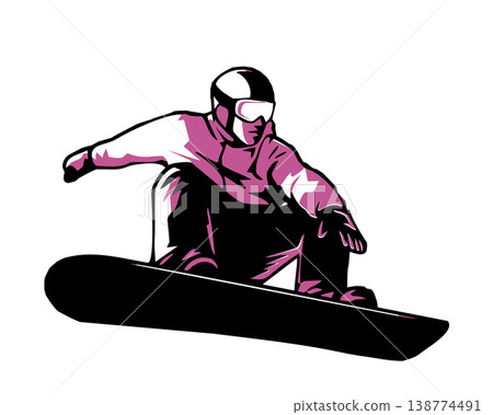 Stencil-style silhouette illustration of a man jumping on a snowboard. 138774491
