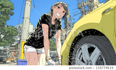 在陽光明媚的日子裡，一位年輕女子正在洗車 | 藍天白雲，水花四濺，展現出一幅清新宜人的生活景象。 138774619