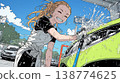 A young woman washing her car on a sunny day | A refreshing lifestyle scene with blue skies and splashing water. 138774625