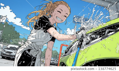 在陽光明媚的日子裡，一位年輕女子正在洗車 | 藍天白雲，水花四濺，展現出一幅清新宜人的生活景象。 138774625
