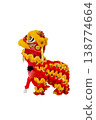 Top view of lion dance red and yellow color Dress are standing on white background, focus selective 138774664