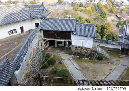 The view of Himeji City from the windows at the top of the tenshu or castle keep of Himeji Castle in Japan The view of Himeji City from the windows at the top of the tenshu or castle keep of Himeji Castle in Japan 138774799