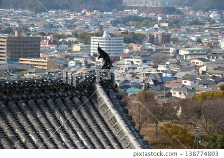 The view of Himeji City from the windows at the top of the tenshu or castle keep of Himeji Castle in Japan The view of Himeji City from the windows at the top of the tenshu or castle keep of Himeji Castle in Japan 138774803