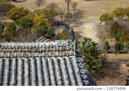The view of Himeji City from the windows at the top of the tenshu or castle keep of Himeji Castle in Japan The view of Himeji City from the windows at the top of the tenshu or castle keep of Himeji Castle in Japan 138774806