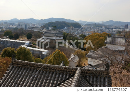 The view of Himeji City from the windows at the top of the tenshu or castle keep of Himeji Castle in Japan The view of Himeji City from the windows at the top of the tenshu or castle keep of Himeji Castle in Japan 138774807