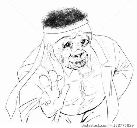 一幅黑白插圖，描繪了一位戴著頭巾的中年男子，面帶微笑，伸出手。 138775029