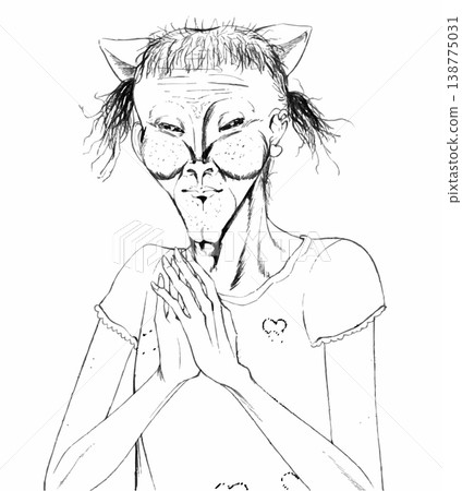 一幅黑白插圖，描繪了一位長著貓耳朵的中年男子；一位男扮女裝、擺出祈禱姿勢的男子。 138775031