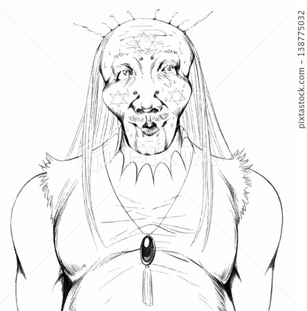 一幅黑白插圖,描繪了一位身著巫師般服飾的中年男子;一幅超現實主義的男扮女裝的描繪。 一幅黑白插圖,描繪了一位身著巫師般服飾的中年男子;一幅超現實主義的男扮女裝的描繪。 138775032