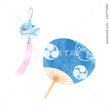 Summer Coolness: Watercolor illustration of a blue fan and wind chimes (transparent background) Summer Coolness: Watercolor illustration of a blue fan and wind chimes (transparent background) 138775062