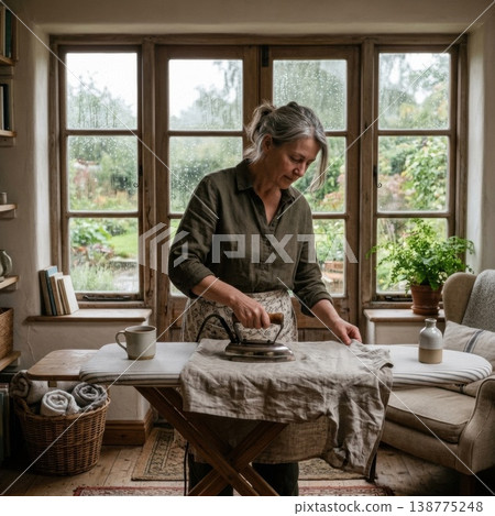 下雨天，一個人在安靜的房間裡熨燙手工亞麻製品。 138775248