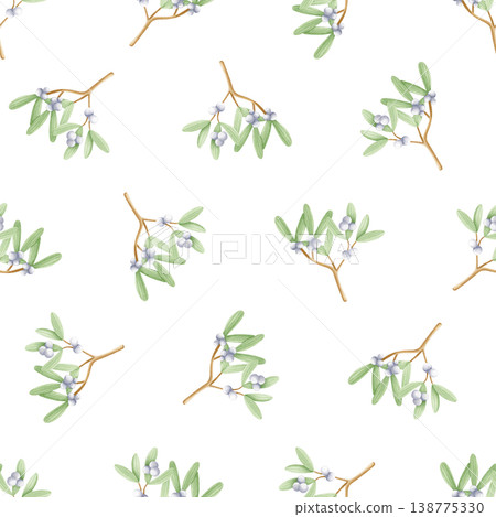 Mistletoe branches with white berries watercolor seamless pattern. Traditional Christmas plant for winter holidays background. Simple botanical backdrop for Happy New Year designs in pastel colors Mistletoe branches with white berries watercolor seamless pattern. Traditional Christmas plant for winter holidays background. Simple botanical backdrop for Happy New Year designs in pastel colors 138775330