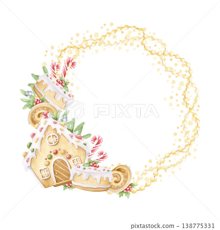 Watercolor Christmas wreath with gingerbread house, candy canes and decorated cakes with mistletoe and light garlands illustration. Traditional desserts round frame clip art in childish cartoon style Watercolor Christmas wreath with gingerbread house, candy canes and decorated cakes with mistletoe and light garlands illustration. Traditional desserts round frame clip art in childish cartoon style 138775331