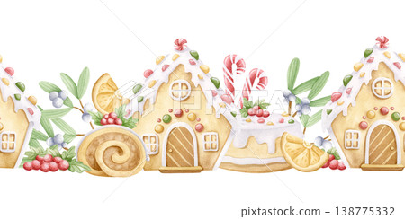Hand drawn Christmas desserts watercolor seamless border isolated on white. Gingerbread house with candy canes, cakes and mistletoe branches horizontal repeat background. Winter holidays sweet food Hand drawn Christmas desserts watercolor seamless border isolated on white. Gingerbread house with candy canes, cakes and mistletoe branches horizontal repeat background. Winter holidays sweet food 138775332