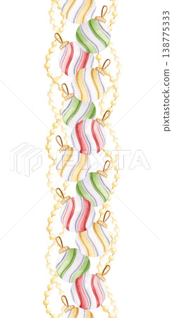 Christmas tree baubles with lights garlands seamless border on white. Hand drawn watercolor striped hanging toys in pastel yellow, red and green. New Year balls ornaments vertical repeat background Christmas tree baubles with lights garlands seamless border on white. Hand drawn watercolor striped hanging toys in pastel yellow, red and green. New Year balls ornaments vertical repeat background 138775333