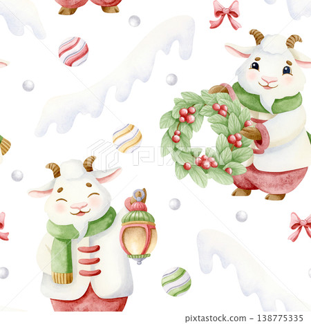 White goat character in winter coat and scarf holding Christmas door wreath and lantern watercolor seamless pattern. Hand drawn cute smiling animal with snow and ornaments for Happy New Year 138775335